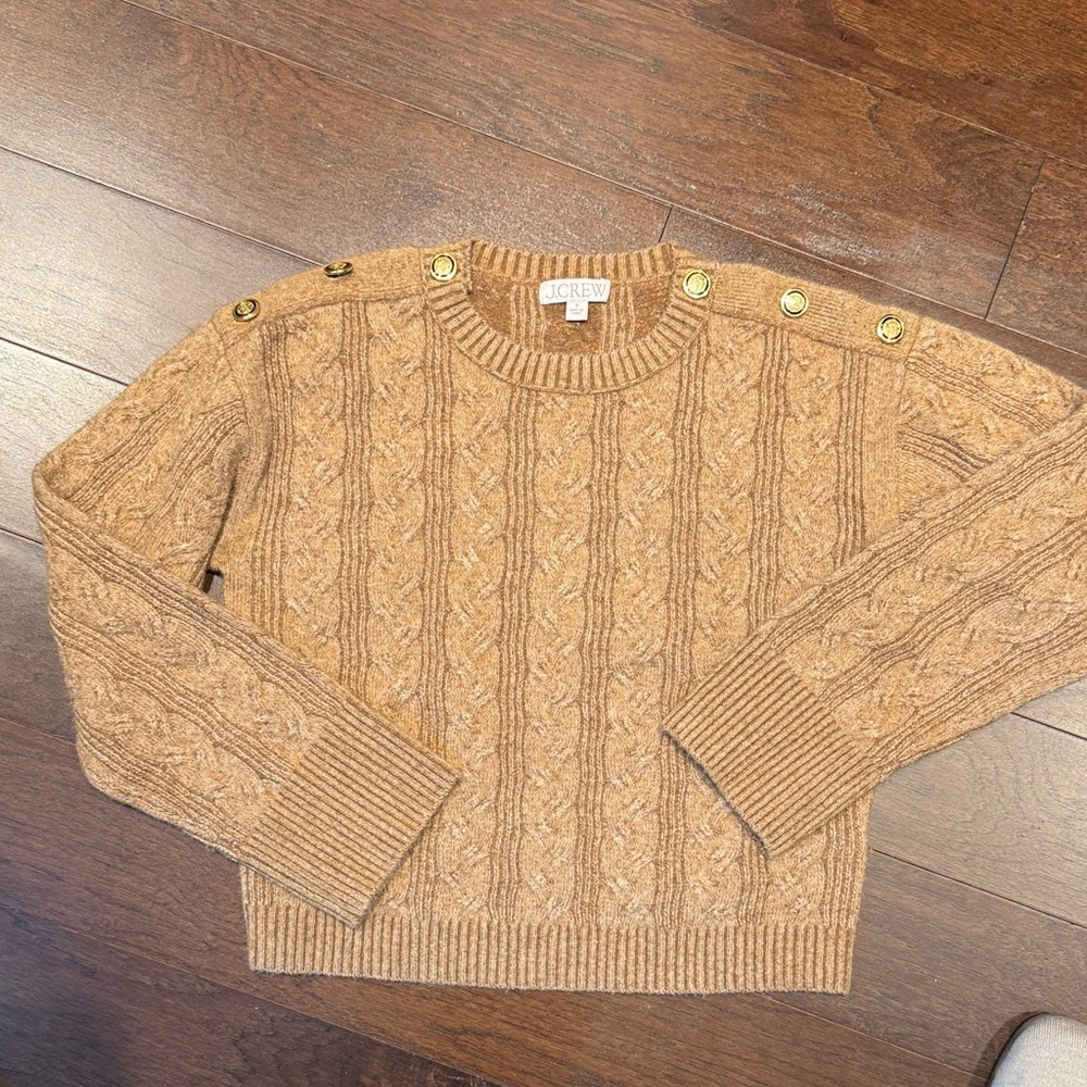 J. Crew Women's Tan Cable Knit Sweater with Gold Buttons